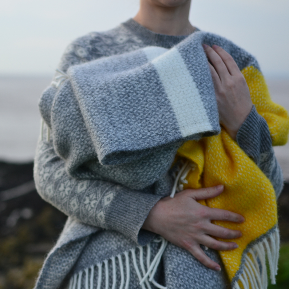 A person holding a yellow blanket, with a focus on their hand gripping the fabric, against an outdoor backdrop.