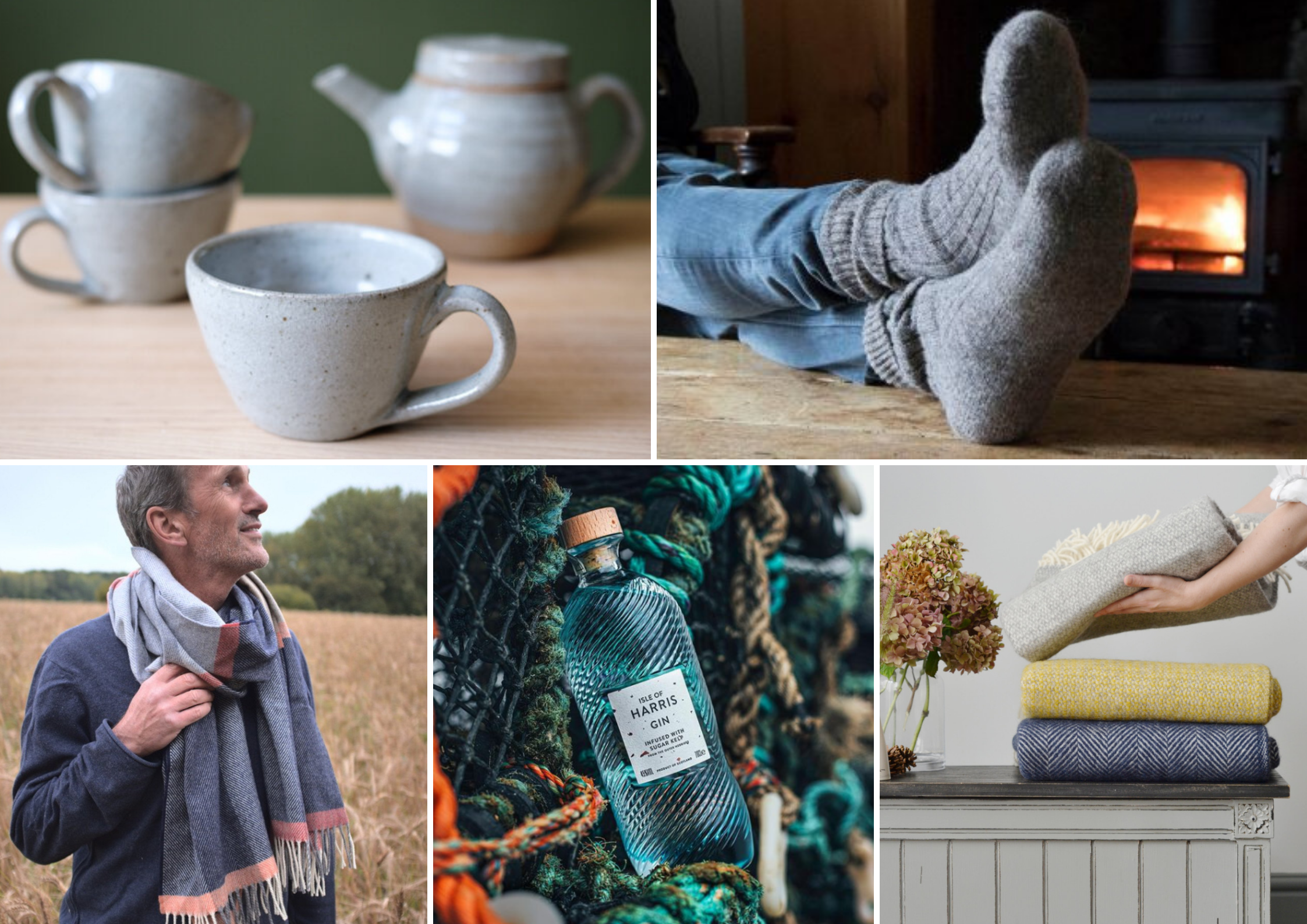 Collage featuring a man in a scarf, a cup, a teapot, a fireplace, a bottle of blue liquid, and a gin bottle on a fishing net.