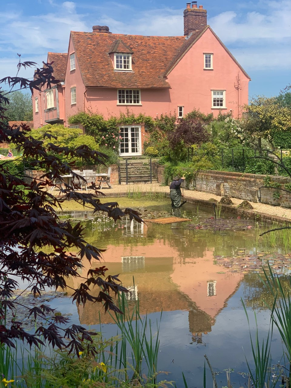 A person stands in a pond holding a shovel, with a pink house and its reflection visible in the background.