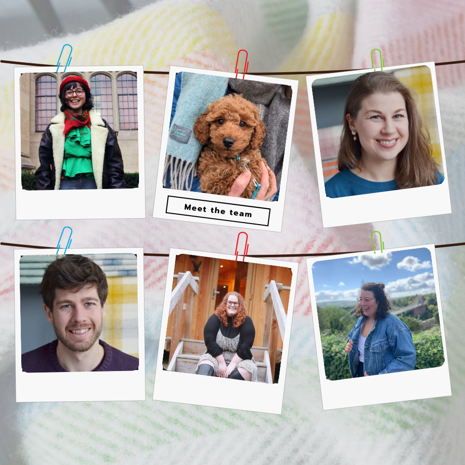A collage of polaroid pictures featuring smiling individuals, including a woman with a dog, highlighting joyful moments and expressions.