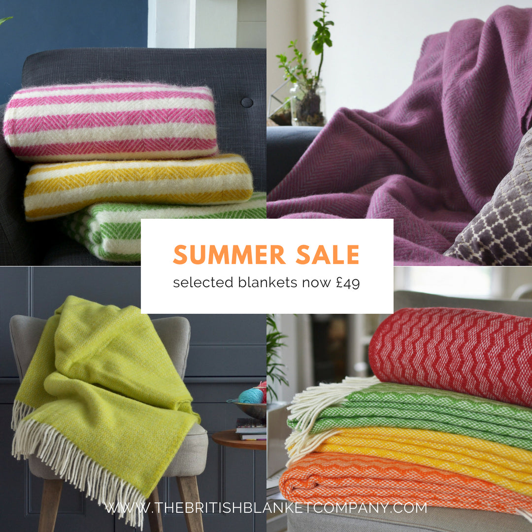 Collage of various blankets, including a yellow blanket on a chair, striped blankets, and a stack of colorful blankets on a couch.