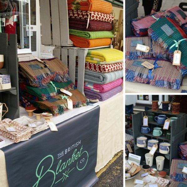 A collage featuring various blankets on tables and shelves, with some blankets tagged, alongside shelves displaying cups and mugs in a shop setting.