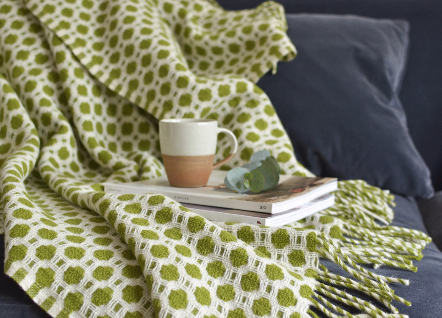 A coffee cup on an open book, placed on a couch, with a plant visible in the background.