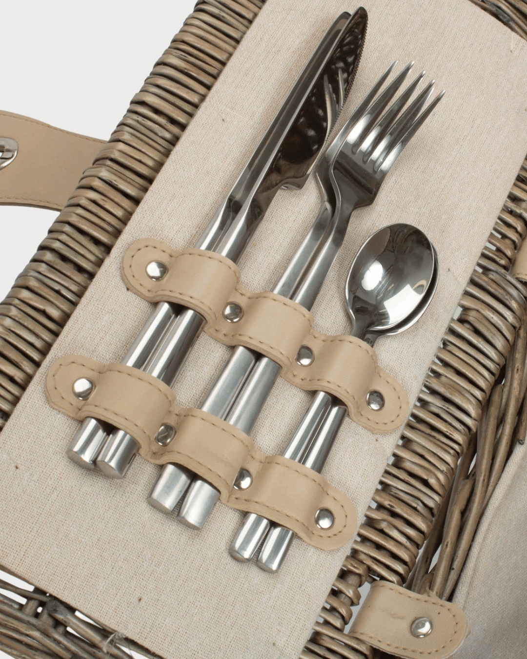 Cutlery in the 4 person woven picnic hamper in antique wash