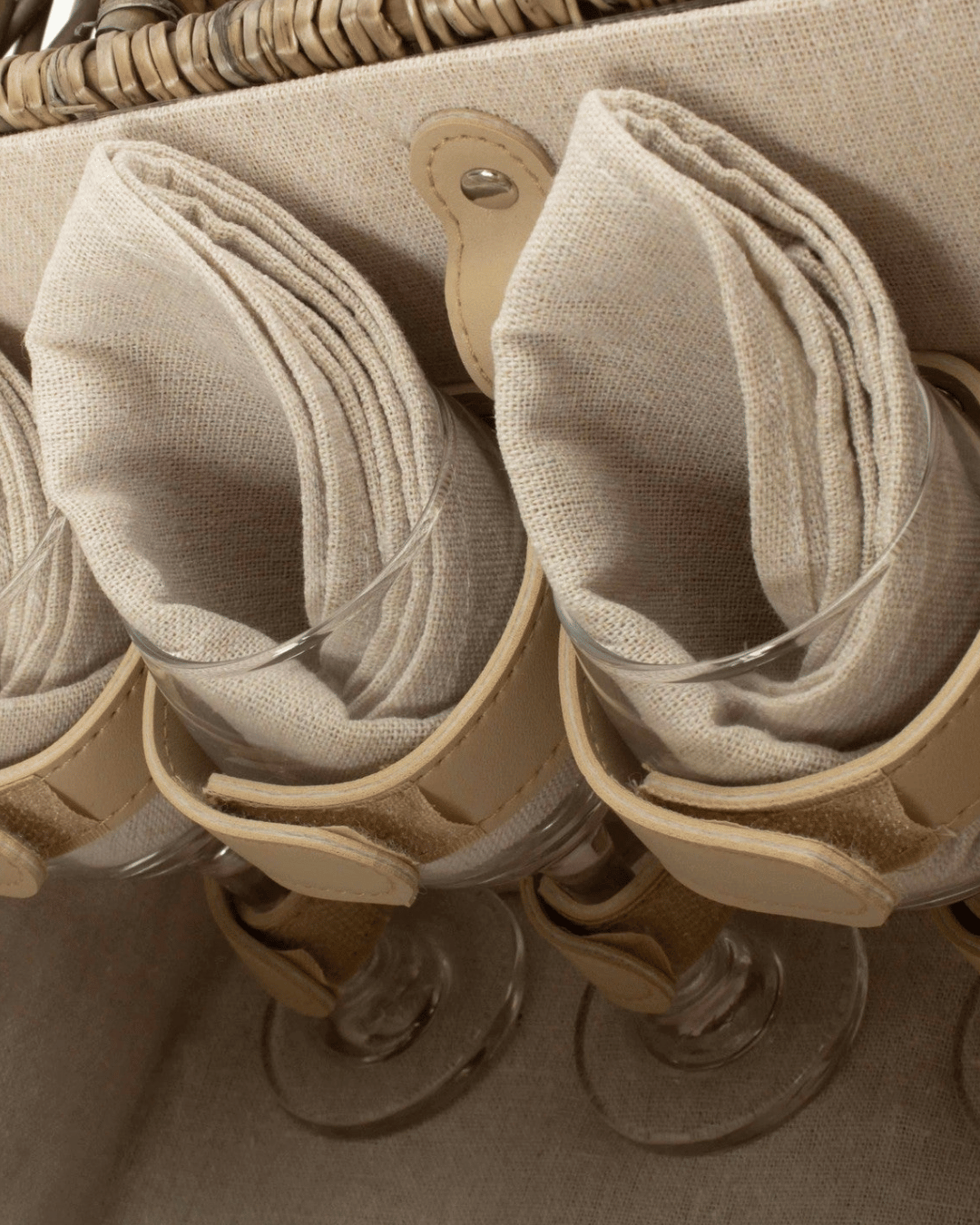 Handy glasses and napkins holder in our 4 person picnic hamper with lid, in antique wash