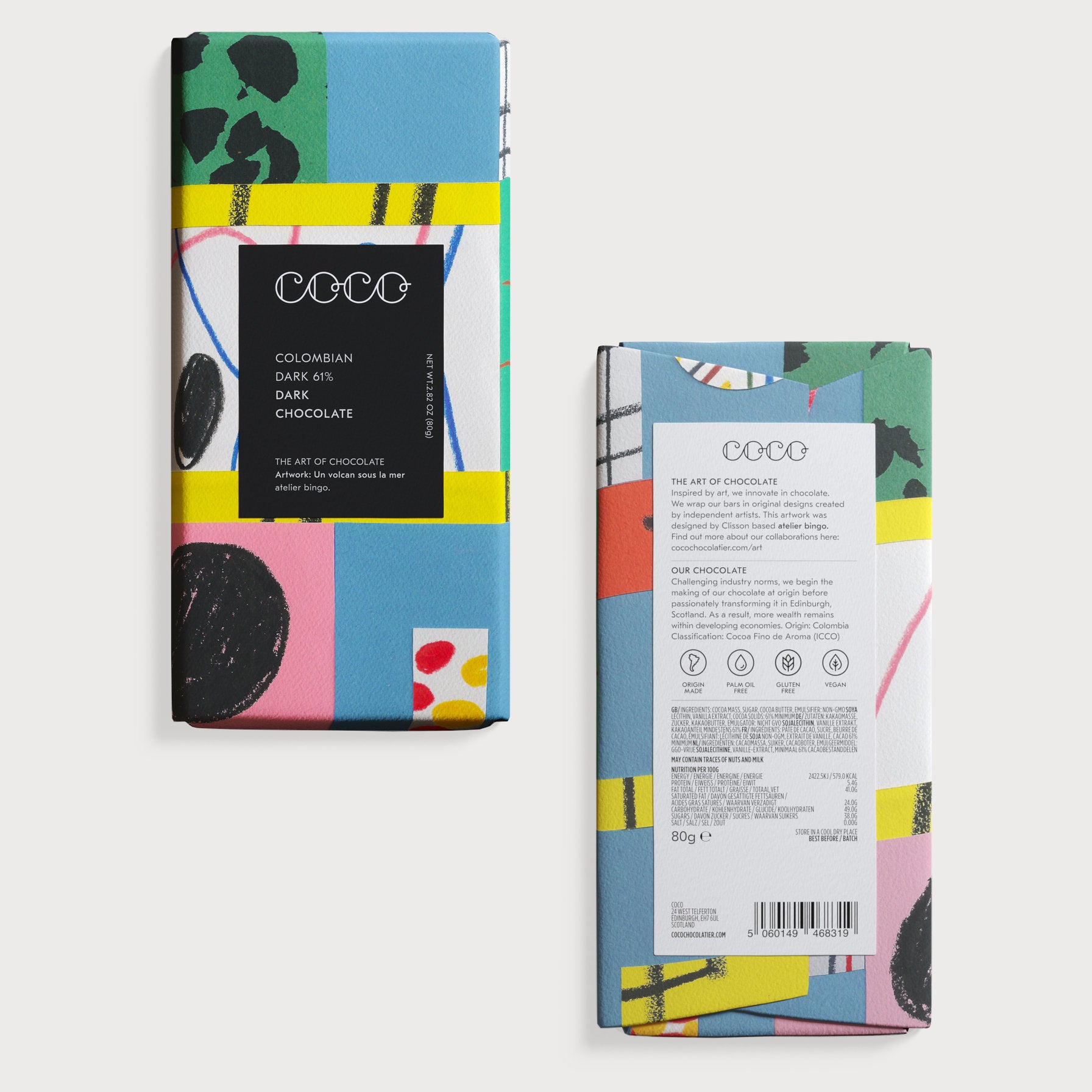 Chocolate Bar by Coco Chocolatier, featuring Colombian cocoa with unique flavors. Colorful wrappers highlight emerging artists, ideal for enhancing any blanket gift box.