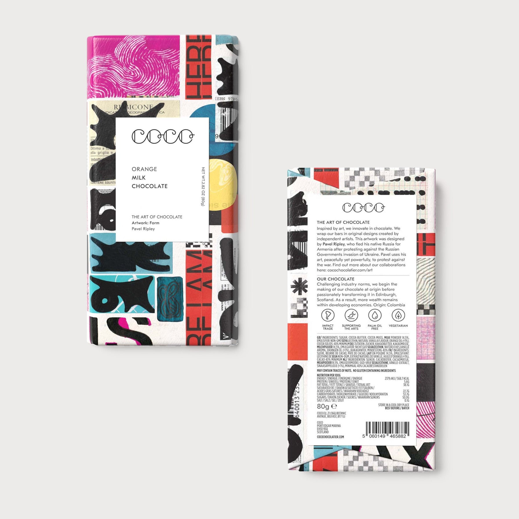 Chocolate Bar: Gift a delightful treat with Coco Chocolatier's chocolate bars, featuring Colombian cocoa and artistic wrappers, perfect for enhancing any blanket gift box.