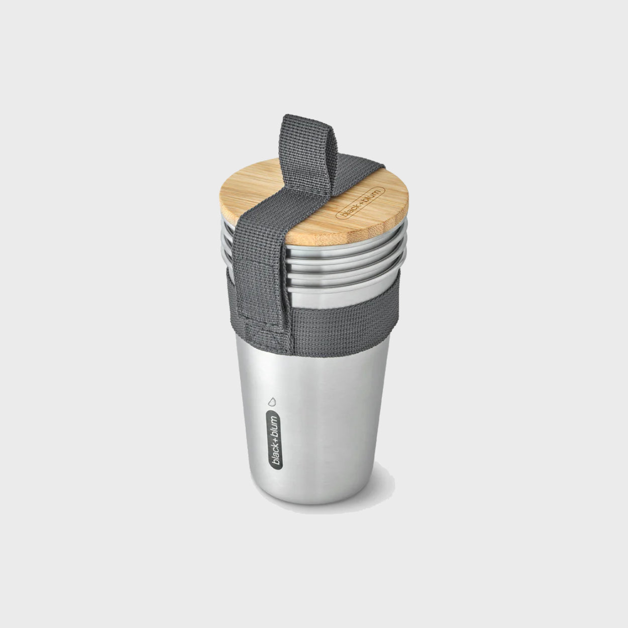 Insulated stainless steel travel mug with wooden lid and grey strap
