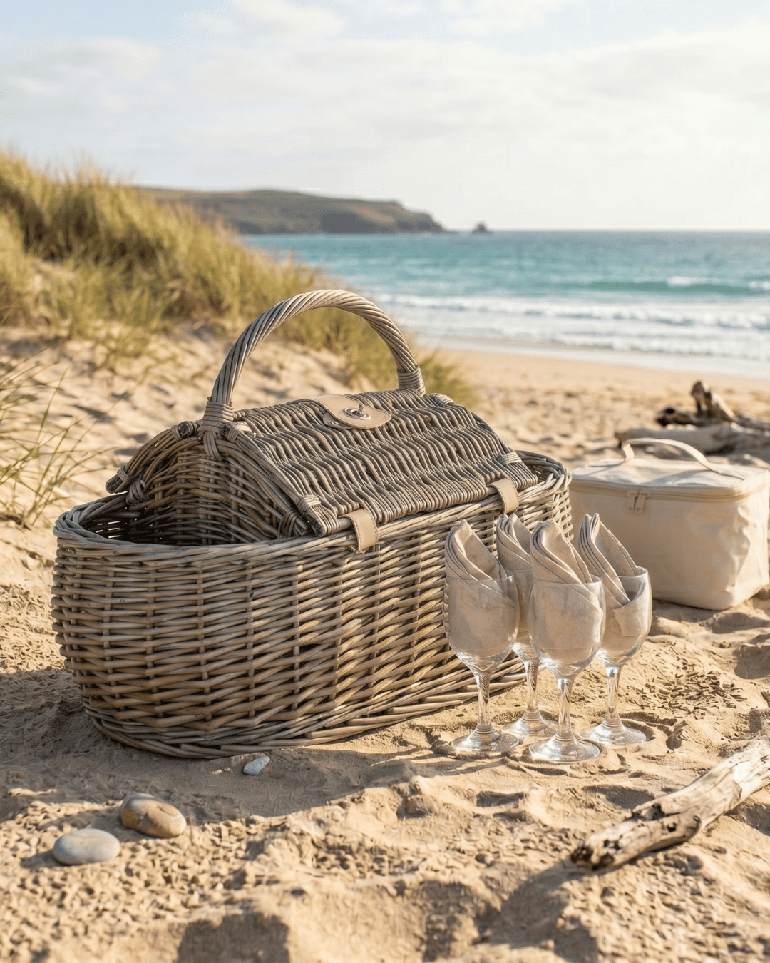 Willow woven picnic hamper in boat shape on the beach