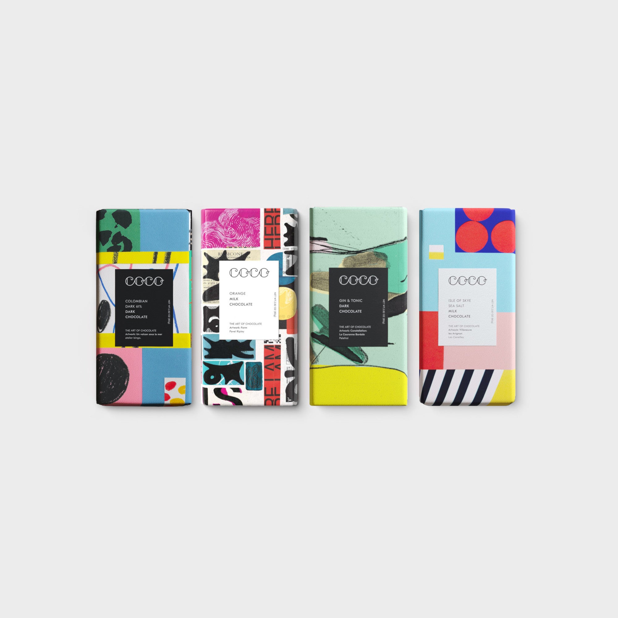 Chocolate Bar by Coco Chocolatier, featuring artist-designed wrappers, combines Colombian cocoa with unique flavors, perfect for enhancing any gift box.