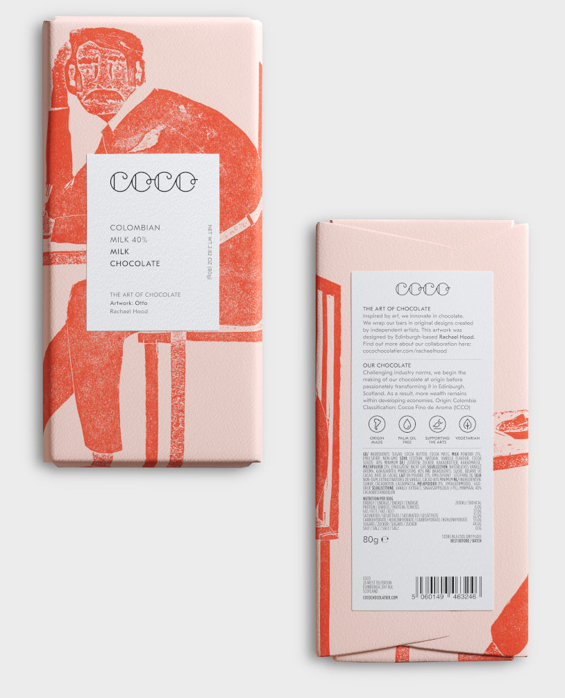 Chocolate Bar: A vibrant, artistically wrapped bar of premium Coco Chocolatier chocolate, perfect for enhancing gift boxes with unique flavors and Colombian cocoa beans.