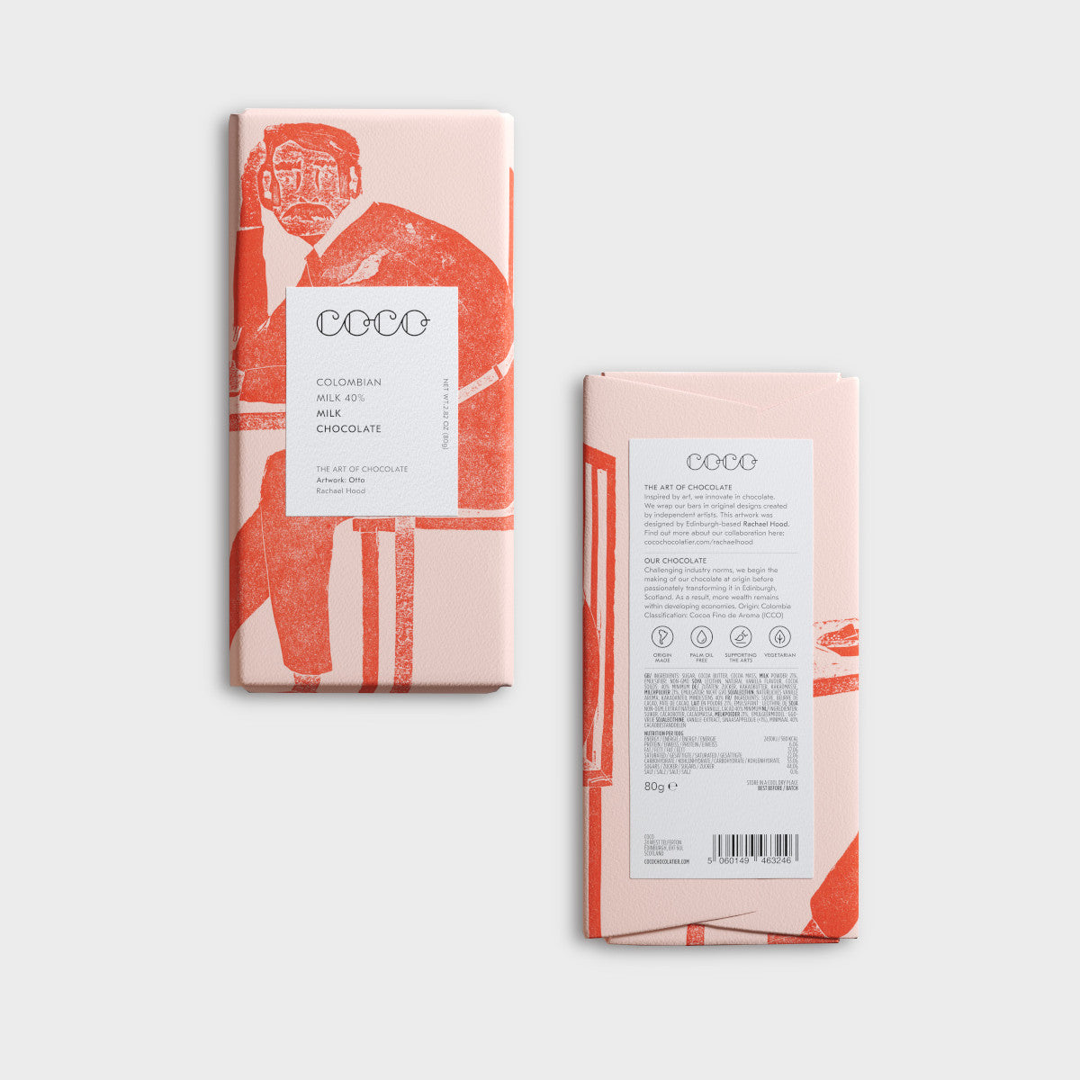 Close-up of the Cosy Gift Set: Self-Love, featuring a chocolate bar, a labeled candy bar, and a white box with black text.