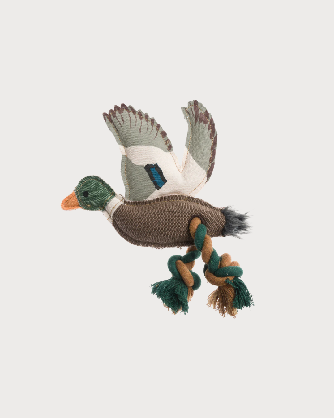 Dog Toy Gift Box featuring a fabric toy shaped like a flying mallard duck with braided rope legs and patterned wings, ideal for fetch or chew activities.