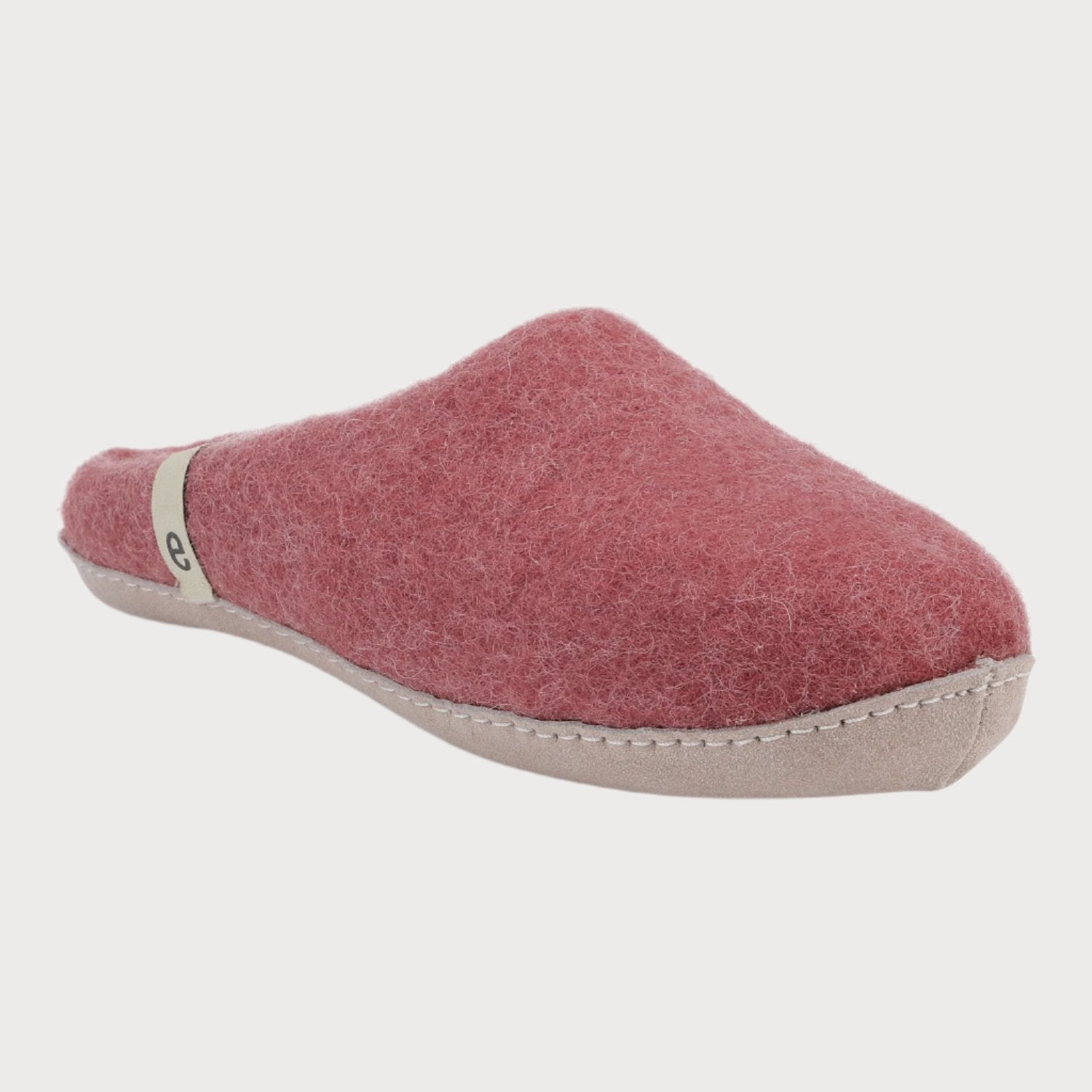 Wool Felt Slippers: Rose, featuring white stitching and a soft suede sole, ideal for indoor wear. Handcrafted in Nepal by a fairtrade group.