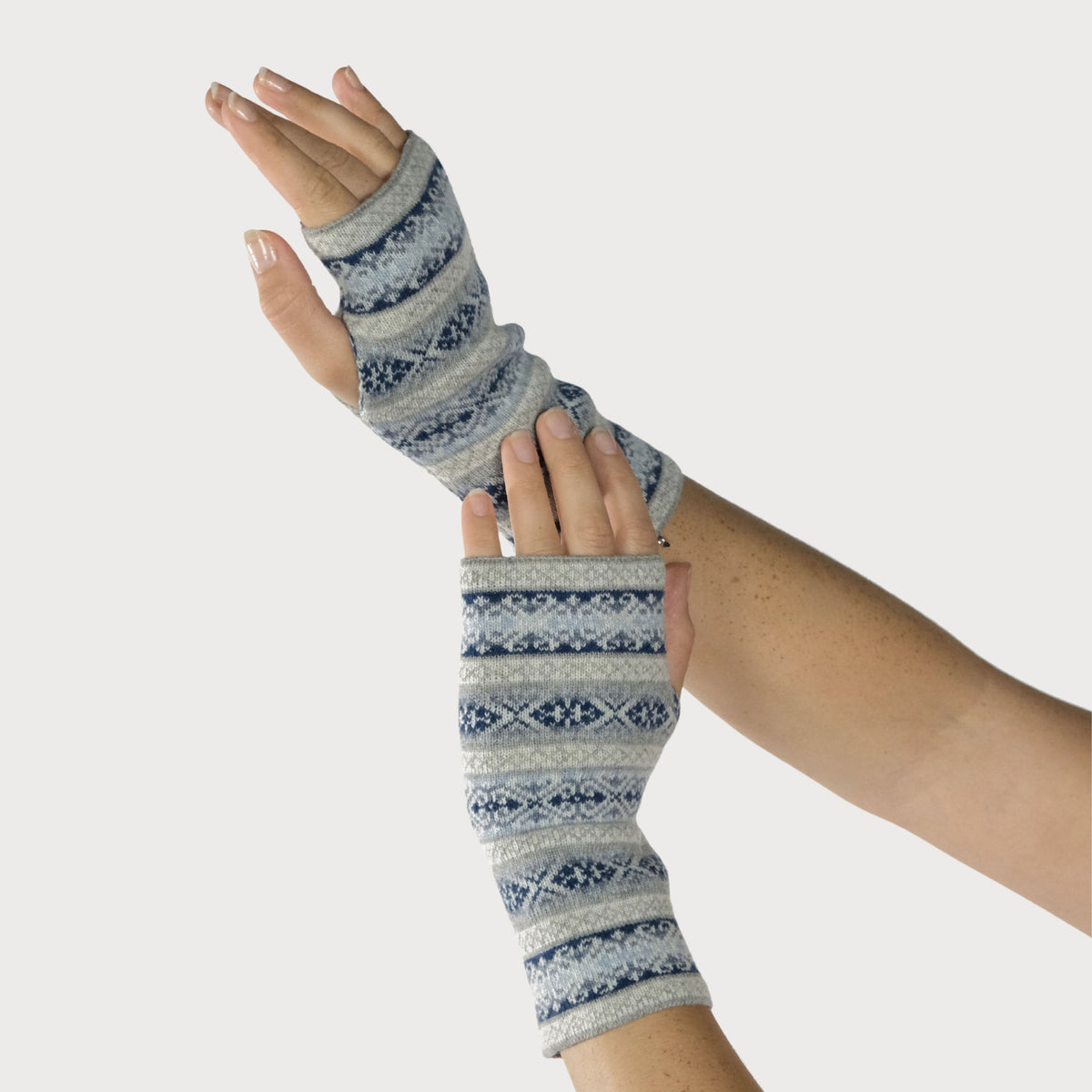 Cashmere Blend Fair Isle Wrist Warmers: Sky