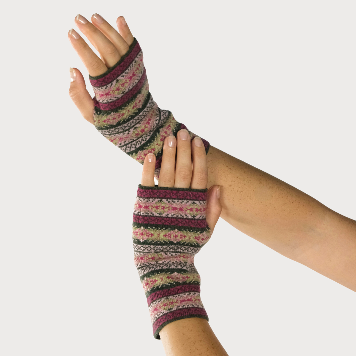 Cashmere Blend Fair Isle Wrist Warmers: Rose