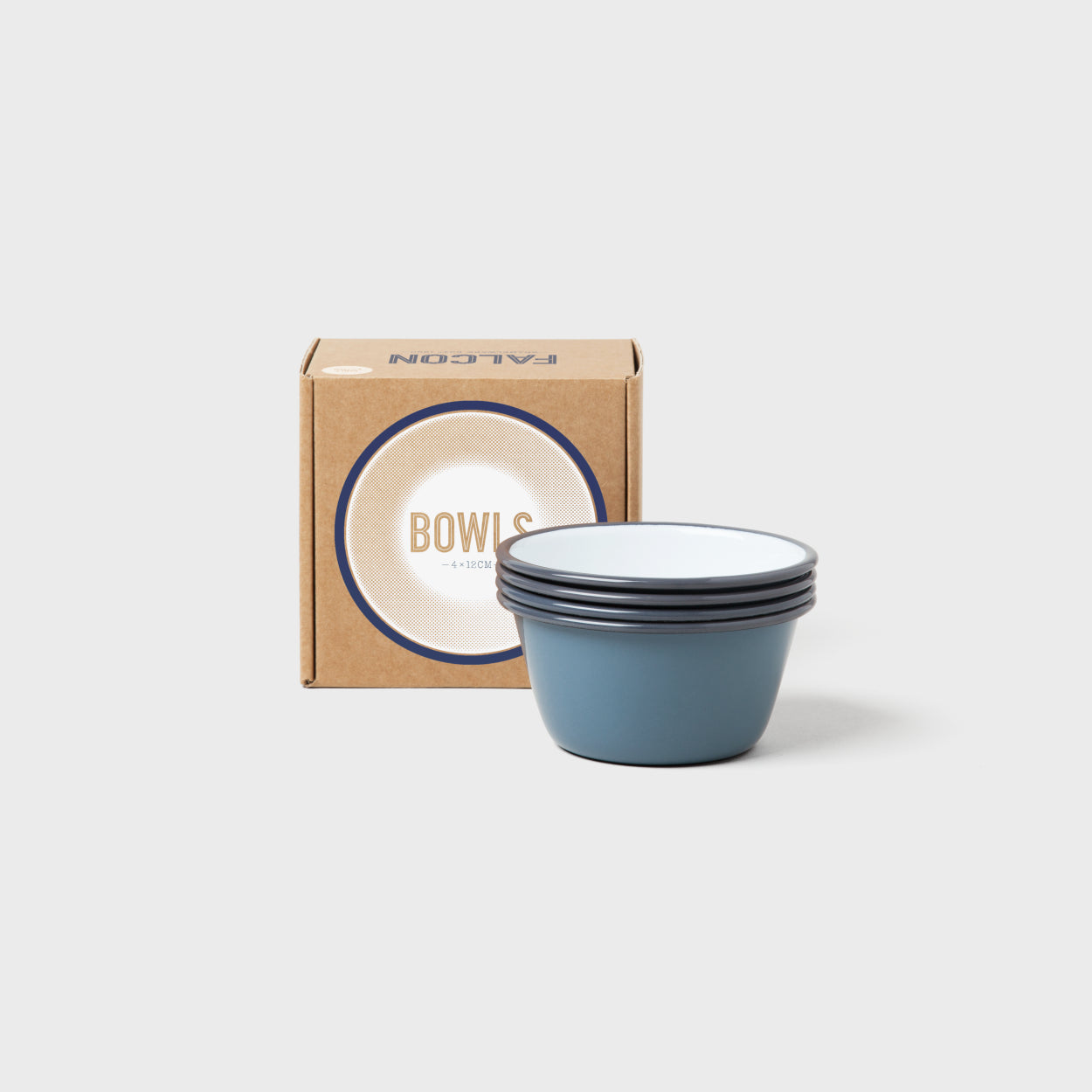Set of 4 grey blue enamel bowls. Perfect for outdoor living, hiking and camping