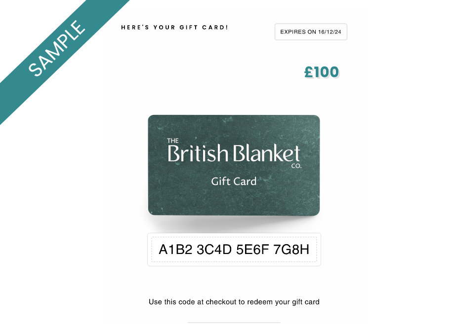 Digital Gift Card close-up, featuring white text. Ideal for gifting choices from blankets to scarves. Available in £20-£200, delivered via email.