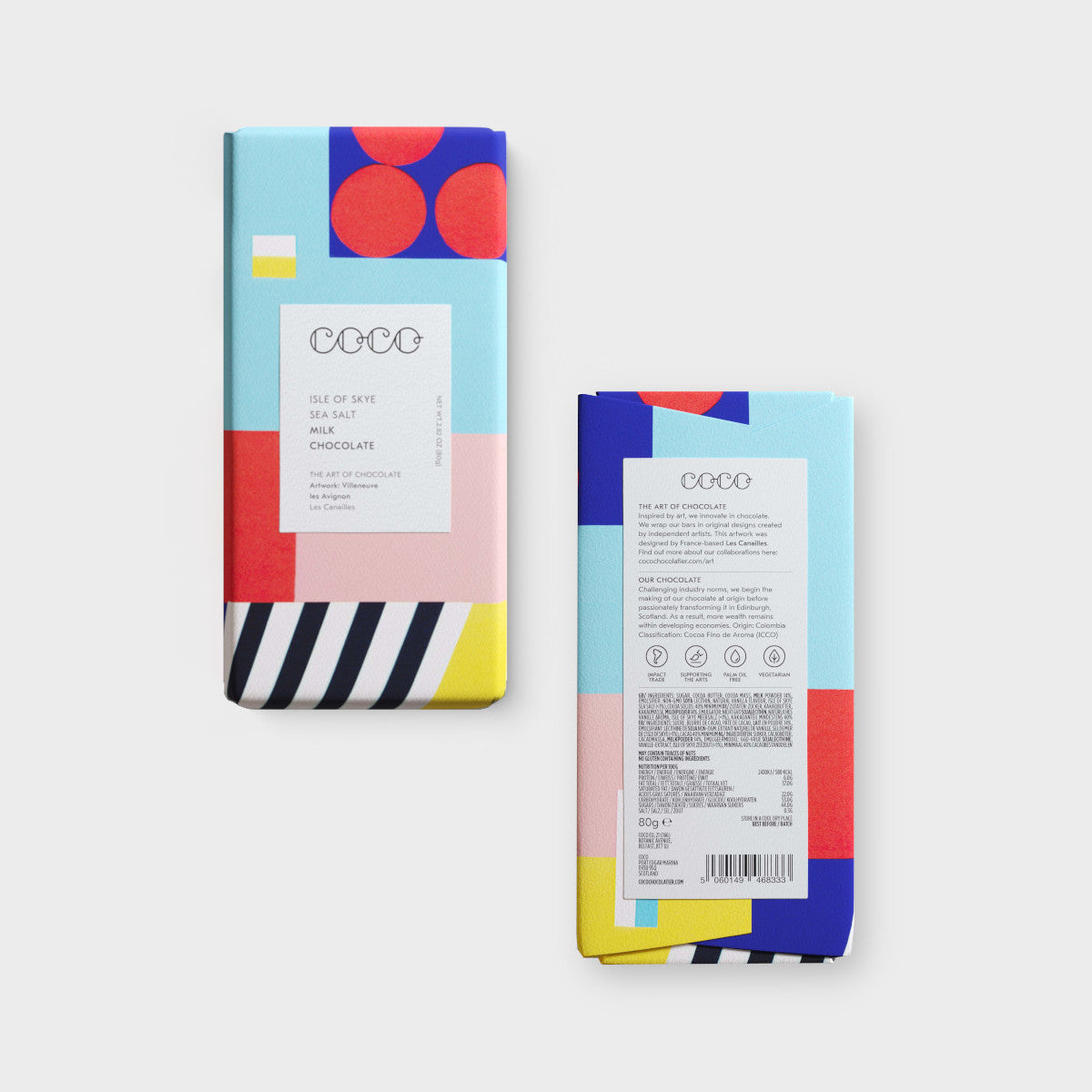 Two COCO chocolate-bar wrappers, front and back, featuring colorful graphics and branding. Part of the Totterdown Blanket Gift Box: Air Balloon.