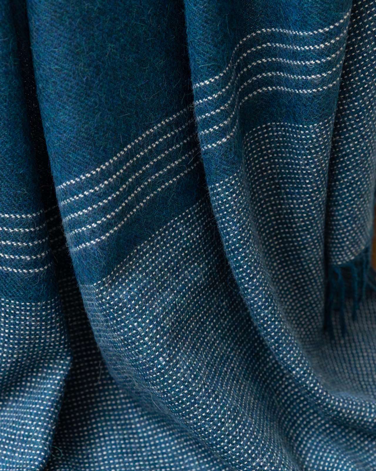 Alpaca Blanket Gift Box: Teal Blue, featuring a textured alpaca throw with white accents, paired with an amber candle and sea salt chocolate in a gift box.