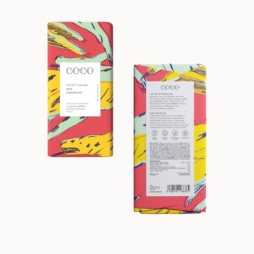 Front and back of a wrapped COCO Salted Caramel Milk Chocolate bar, part of the Clifton Blanket Gift Box: Spiced Cider, showcasing abstract wrapper art and product details.