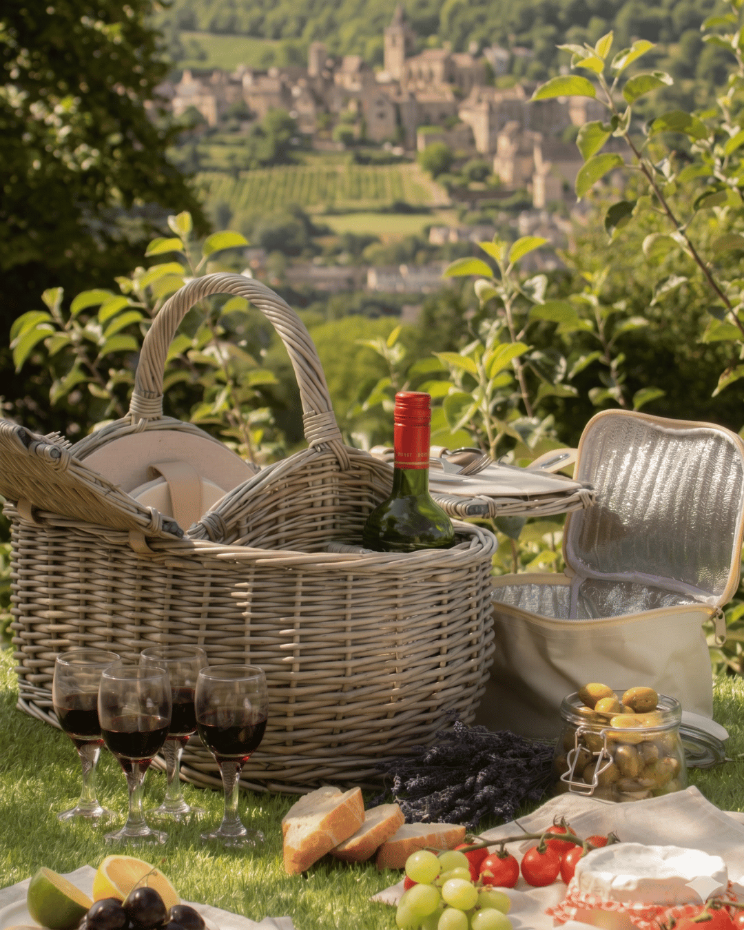 Picnic hamper in boat shape with dining plates, glasses and cutlery