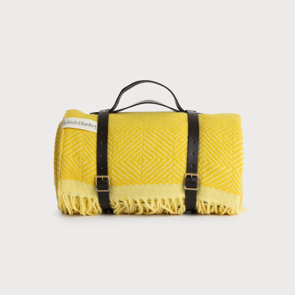 Waterproof Picnic Blanket: Buttercup and Primrose, featuring black leather carry straps and waterproof backing. Perfect for outdoor use and handmade in the UK.