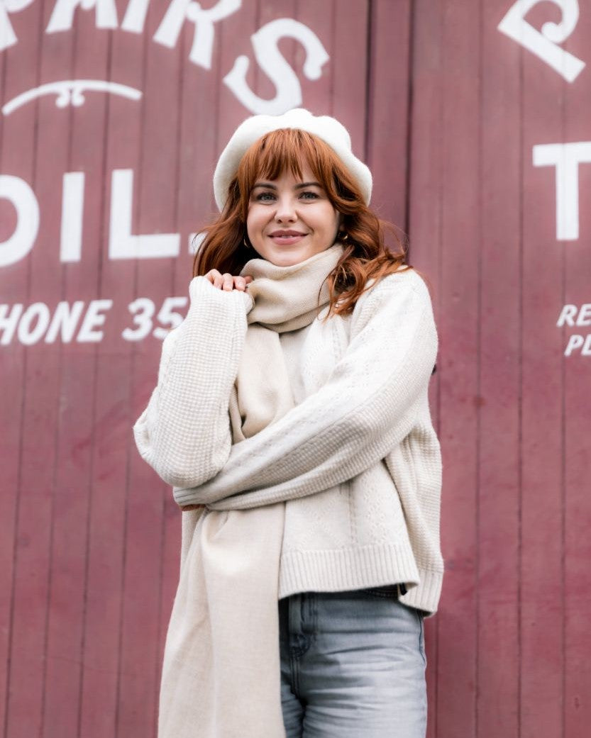 Wool Beret Hat: Cream, Woolmark-certified, expertly knitted, hand-felted for shape retention, offering breathable warmth with a thicker texture, maximum circumference 58cm.