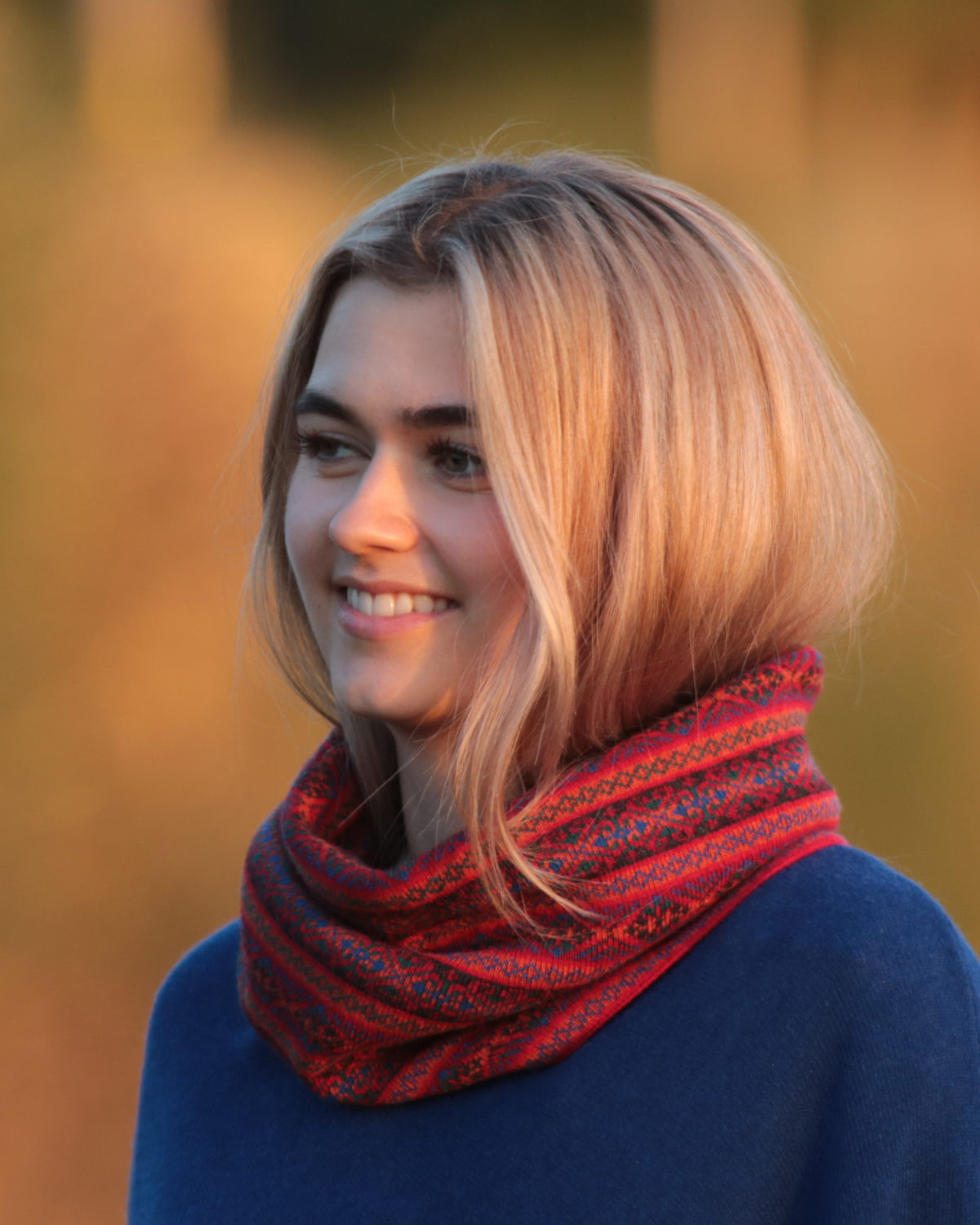 Cashmere Blend Fair Isle Snood Scarf: Crimson