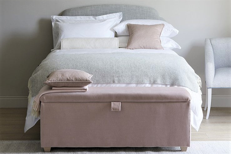 Silver Grey Herringbone throw and Blush Pink Merino Lambswool throw, both The British Blanket Company. Somersby ottoman, The Dormy House