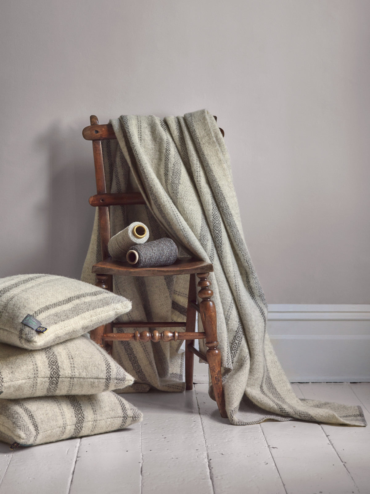 100% British Wool Blanket in Cream, Grey and Brown Stripes The British Blanket Company