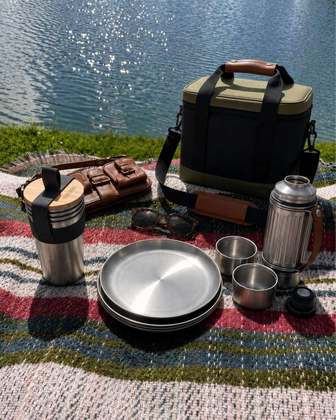 Black + Blum Collection sat on a random picnic blanket, by a pond
