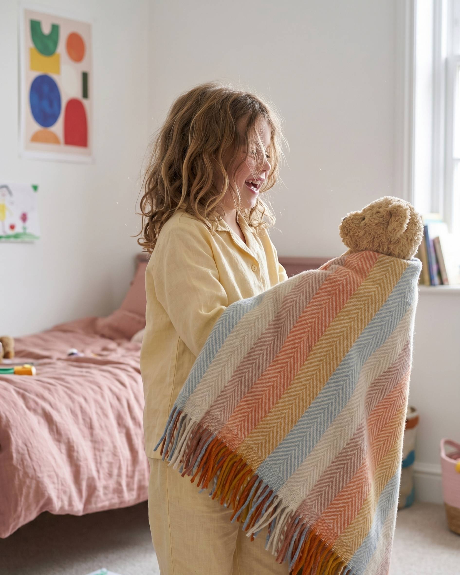 Child playing with her teddy and a Rainbow Stripe Boho kids blanket in her bedroom
