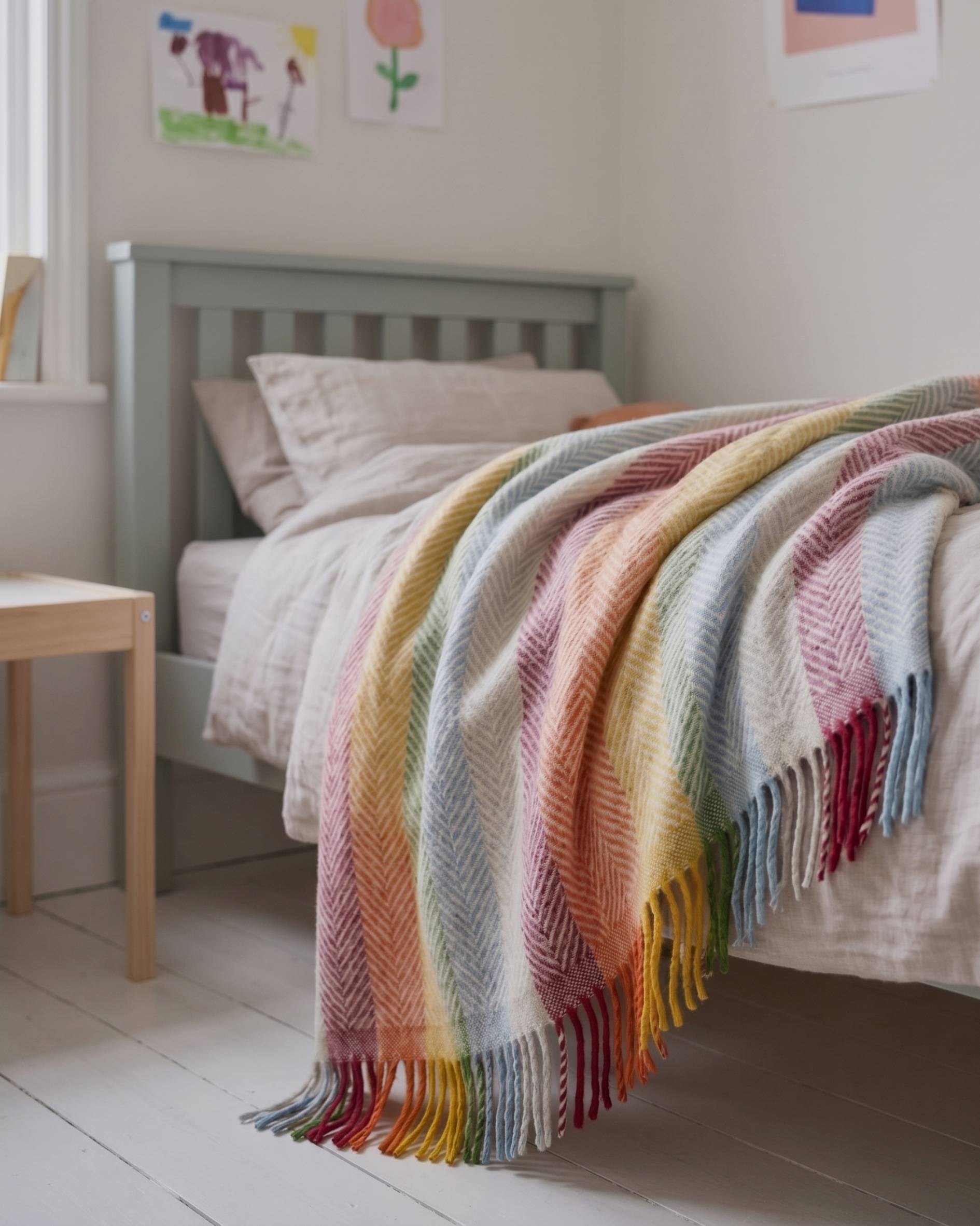 Rainbow Stripe Bright Waffle Kids Blanket thrown over a child bed