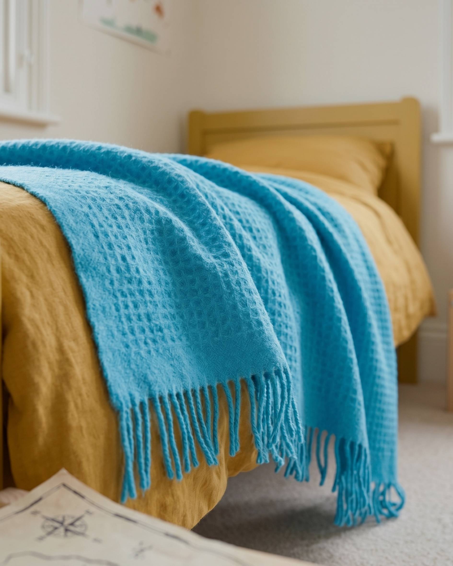 Bright Blue Waffle Kids Blanket tossed over a childs bed