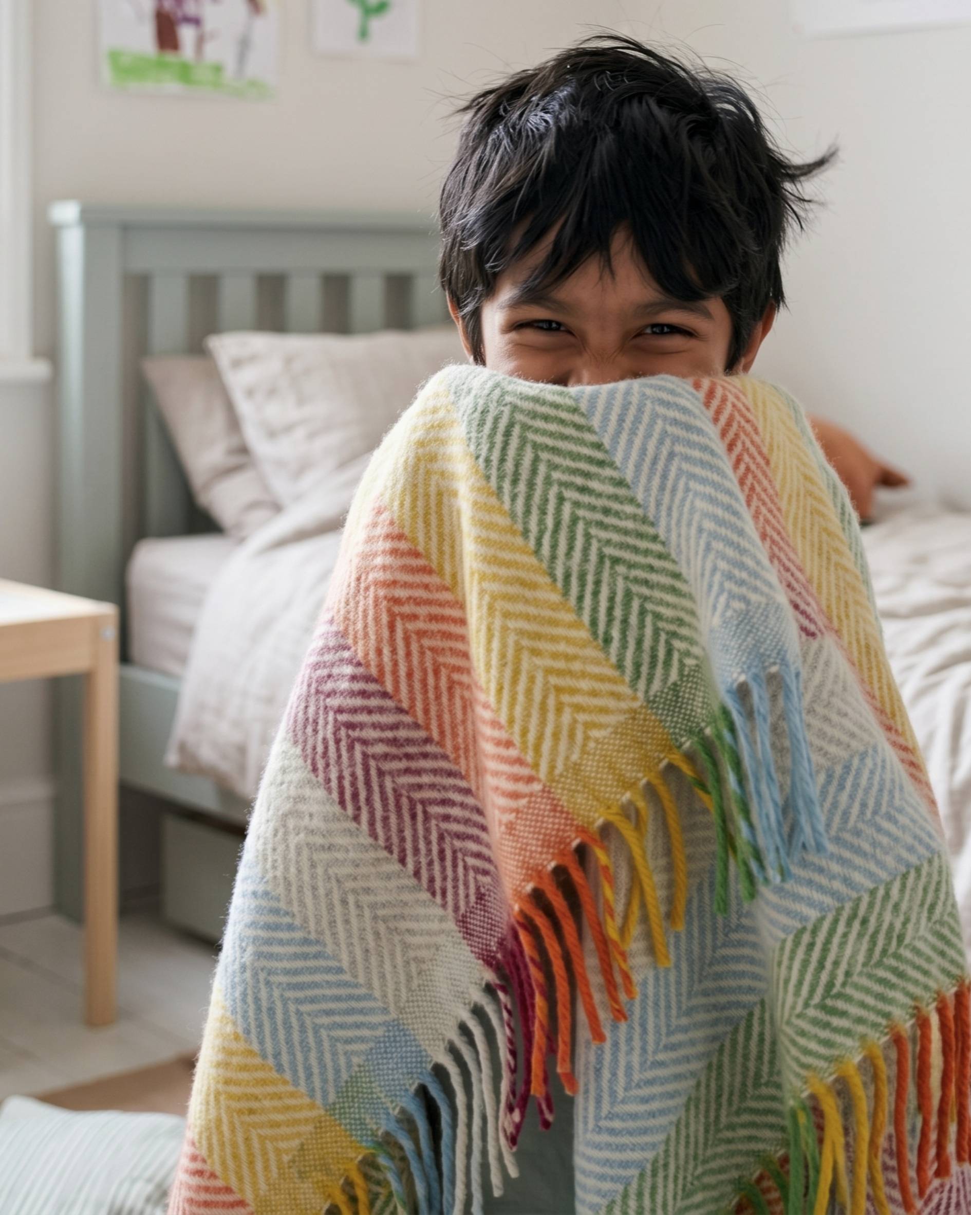 young child in his room wrapped in the Rainbow Stripe Bright Waffle kids blanket from the British Blanket Company