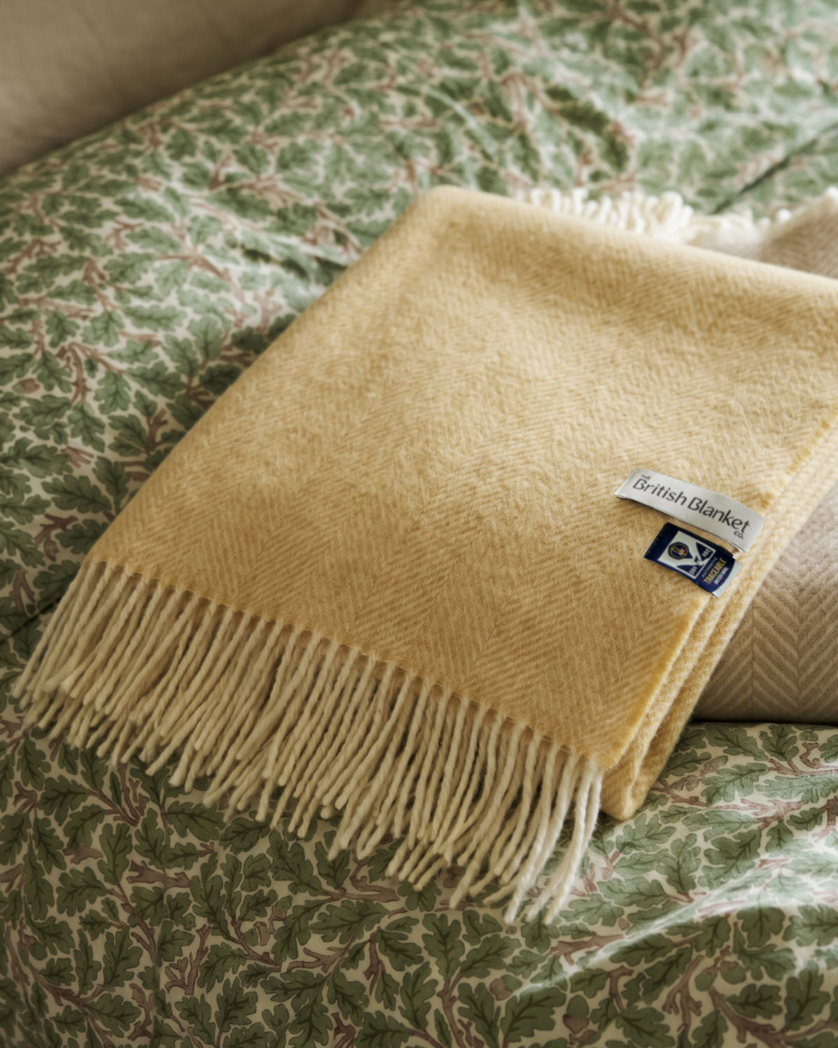 100% British Lambswool Herringbone Blanket: Yellow