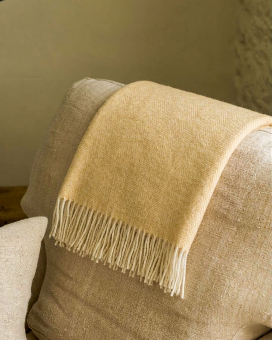 100% British Lambswool Herringbone Blanket: Yellow