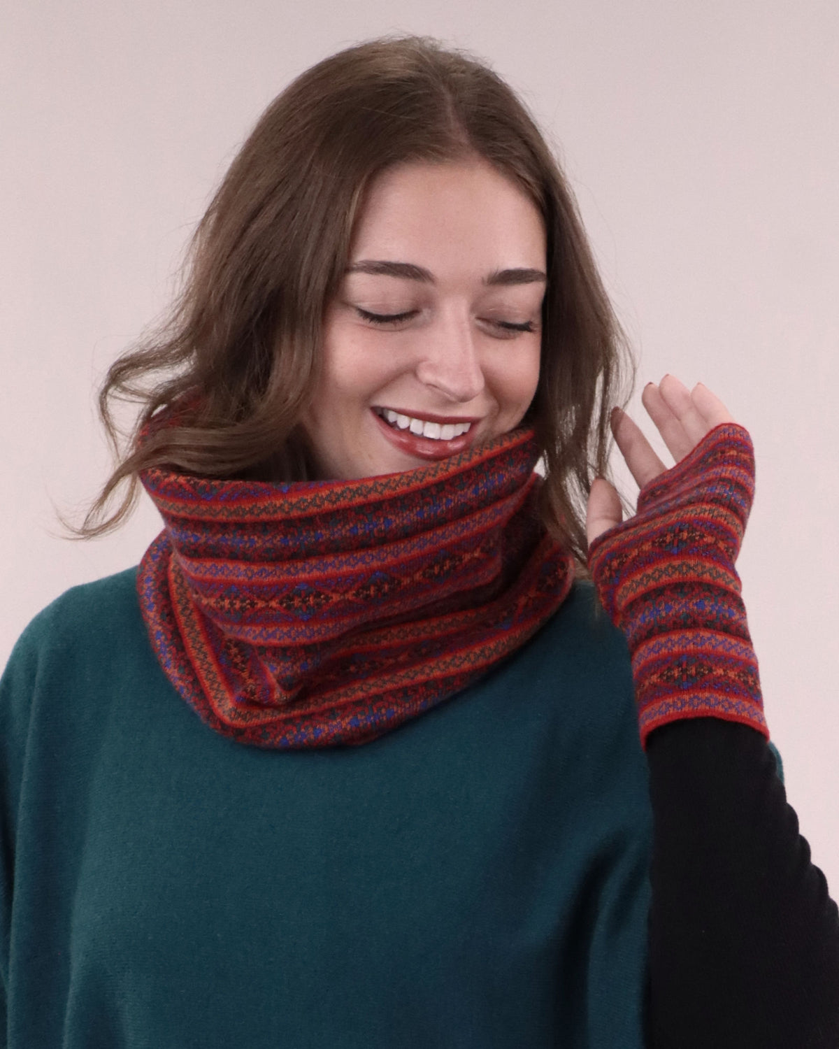 Cashmere Blend Fair Isle Snood Scarf: Crimson