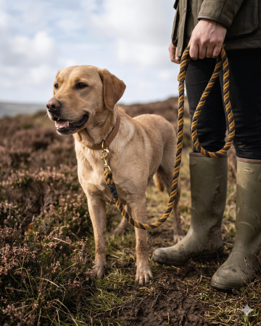 Golden Labrador on a muddy walk, with the mustard and charcoal dog lead