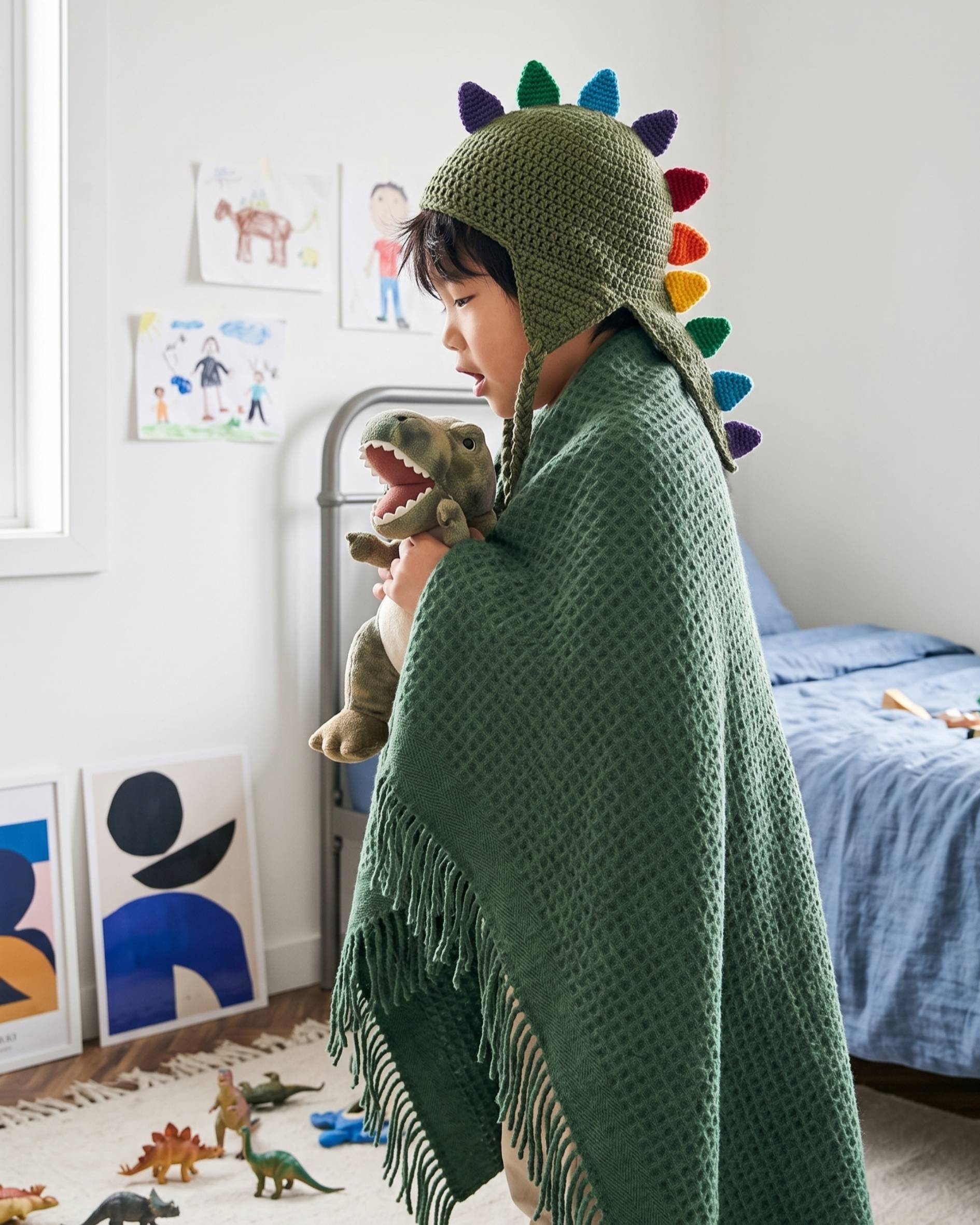 child playing with a dinosaur in is bedroom, with a Green Waffle Kids blanket from the British Blanket Company