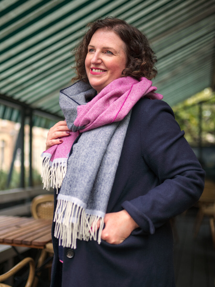 Navy Blue and Pink Merino Wool Oversized Blanket Scarf by the british blanket company