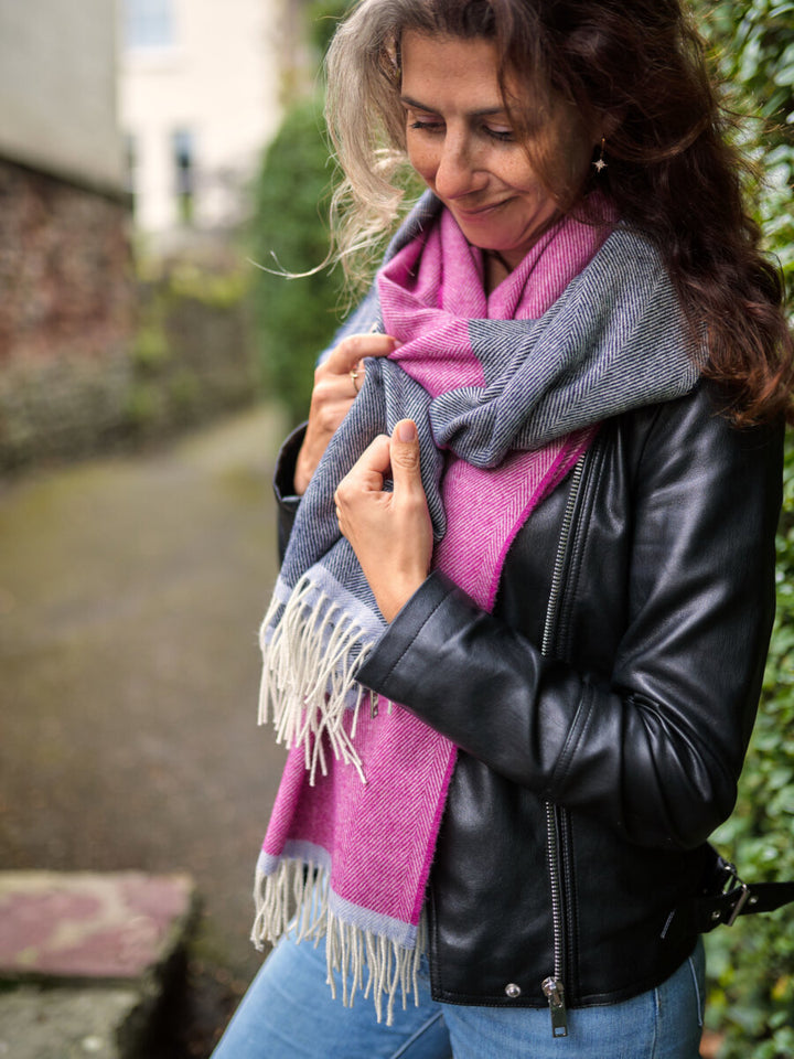 Navy Blue and Pink Merino Wool Oversized Blanket Scarf by the british blanket company