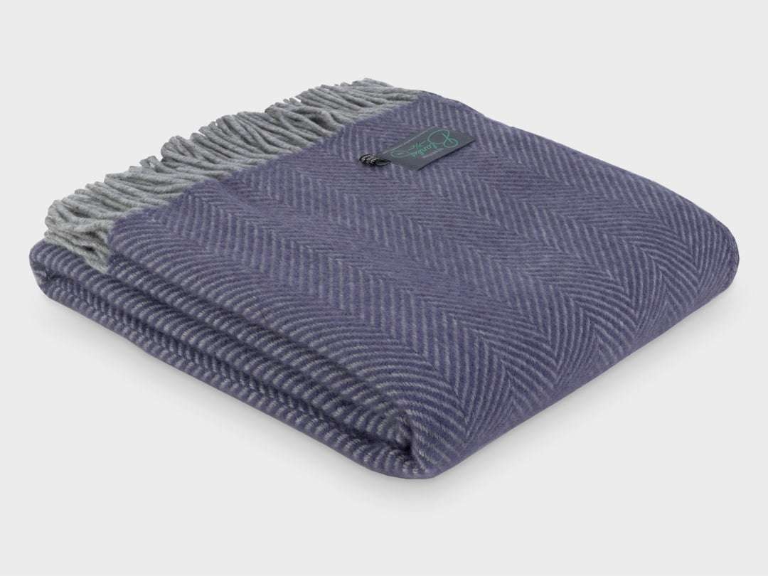 Folded Lavender Purple and Grey Herringbone Throw by The British Blanket Company
