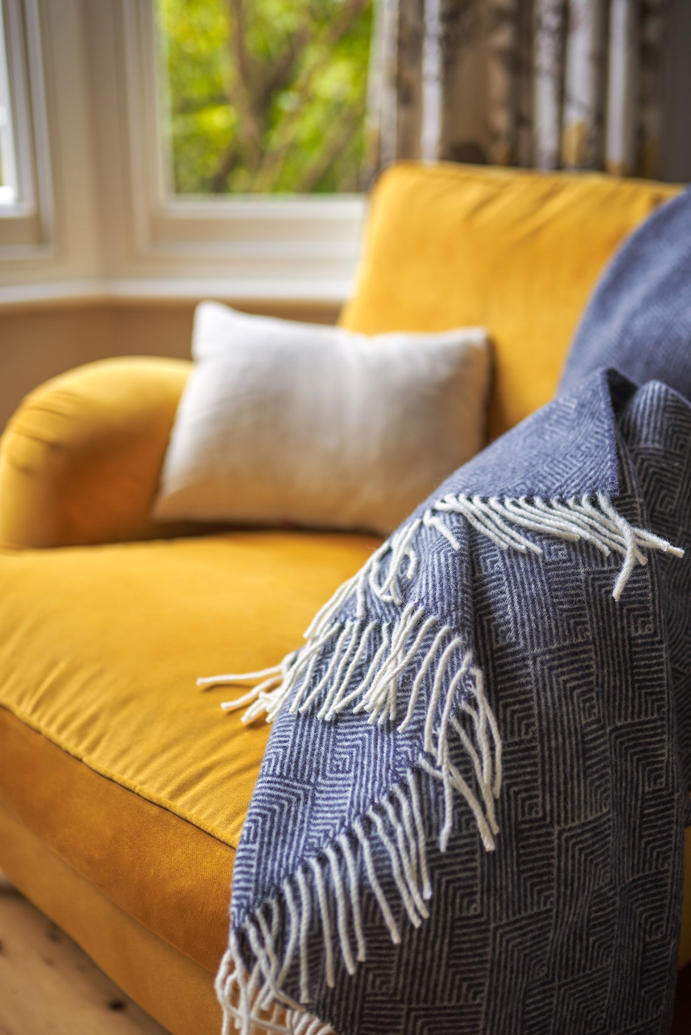 blue wool blanket on yellow sofa