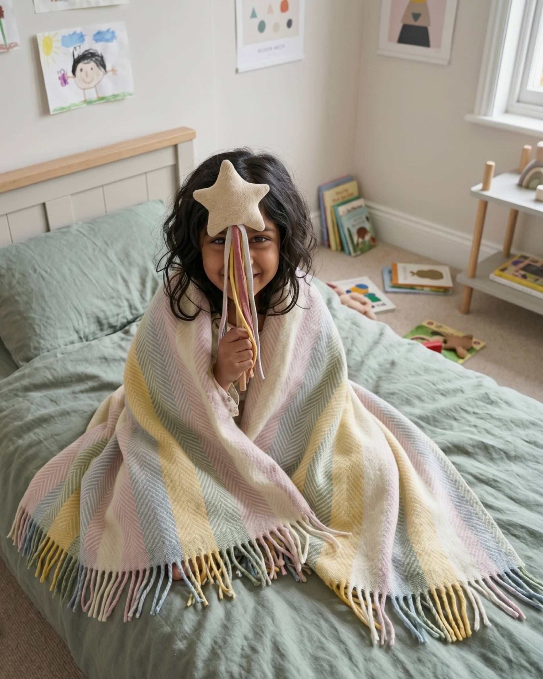 Girl sitting on her bed wrapped in a pastel rainbow stripe blanket