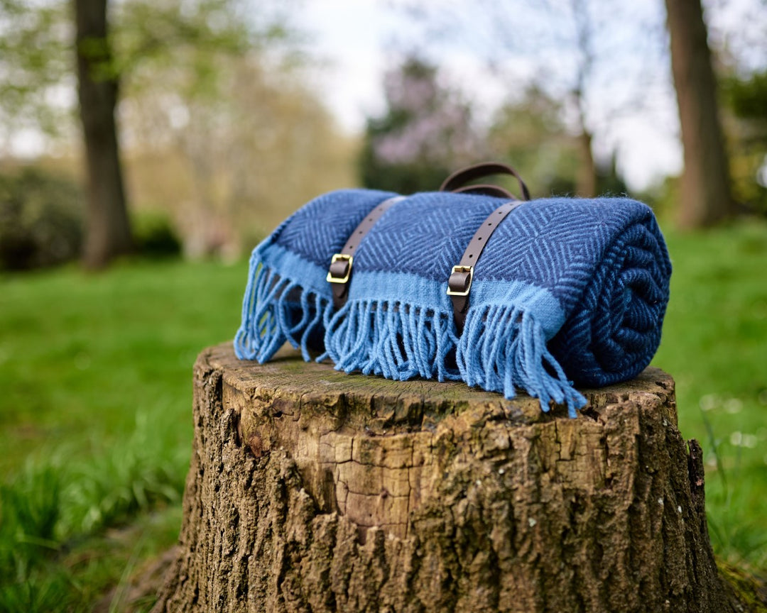 Blue wool picnic blanket rolled up with leather carry straps