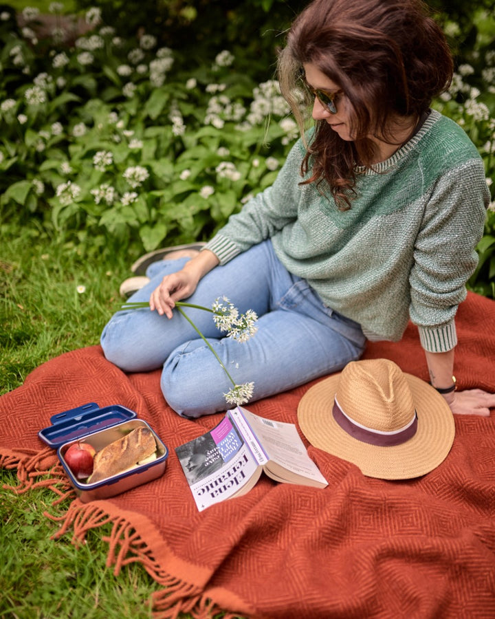 Red wool picnic blanket with picnic food, lunch box book and drinks