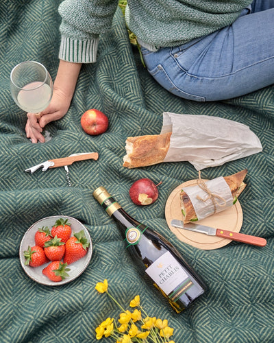 Purple wool picnic blanket with picnic food and drinks