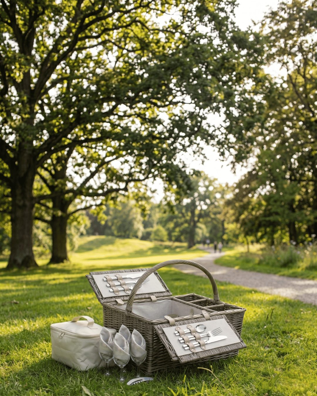 4 person woven picnic hasket with cutlery and glasses for park days and long summer evenings